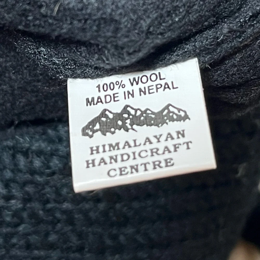 White Skull Design on Black 100% Nepalese Wool Winter Hat with Pom Pom Ties - Picture 5 of 5